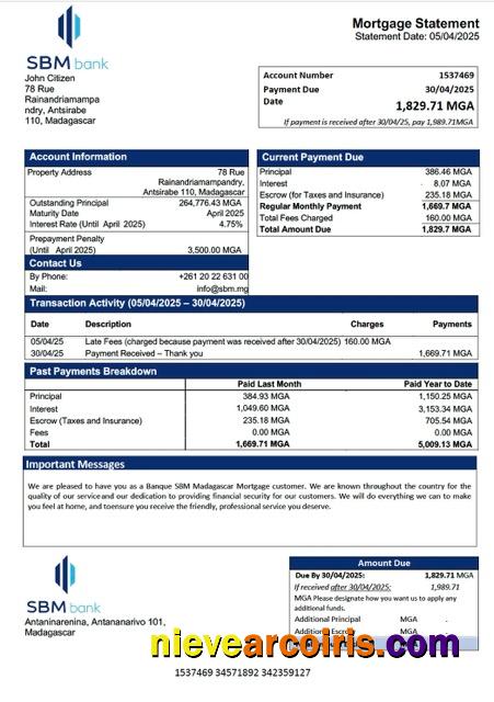 Madagascar Banque SBM Madagascar mortgage statement Word and PDF template